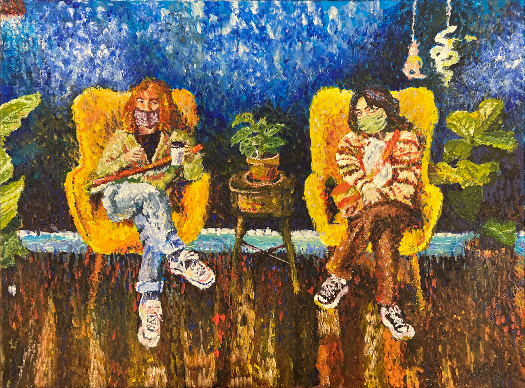 Impressionist painting of two friends sitting in a coffee shop