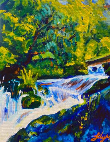 Impressionist painting of a waterfall