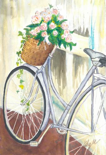 watercolor painting of a bike with a basket full of flowers