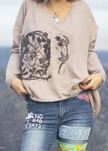 blackberry relief print long sleeve t-shirt, on model, close up