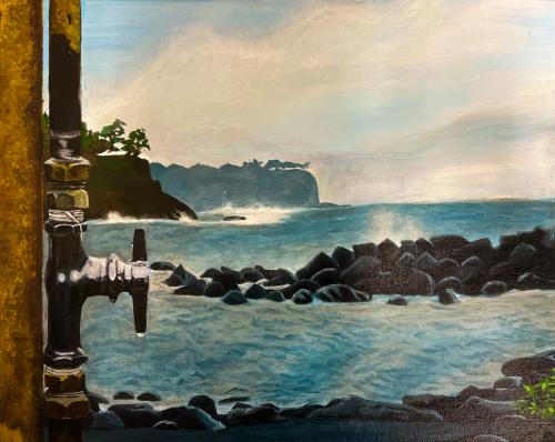 painting of the ocean in Hawaii with a shower handle in the foreground