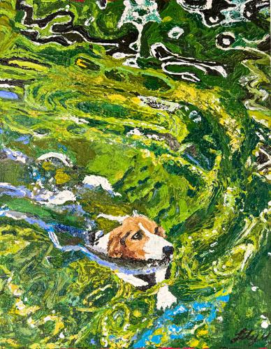 pallet knife painting of a waker hound in the water